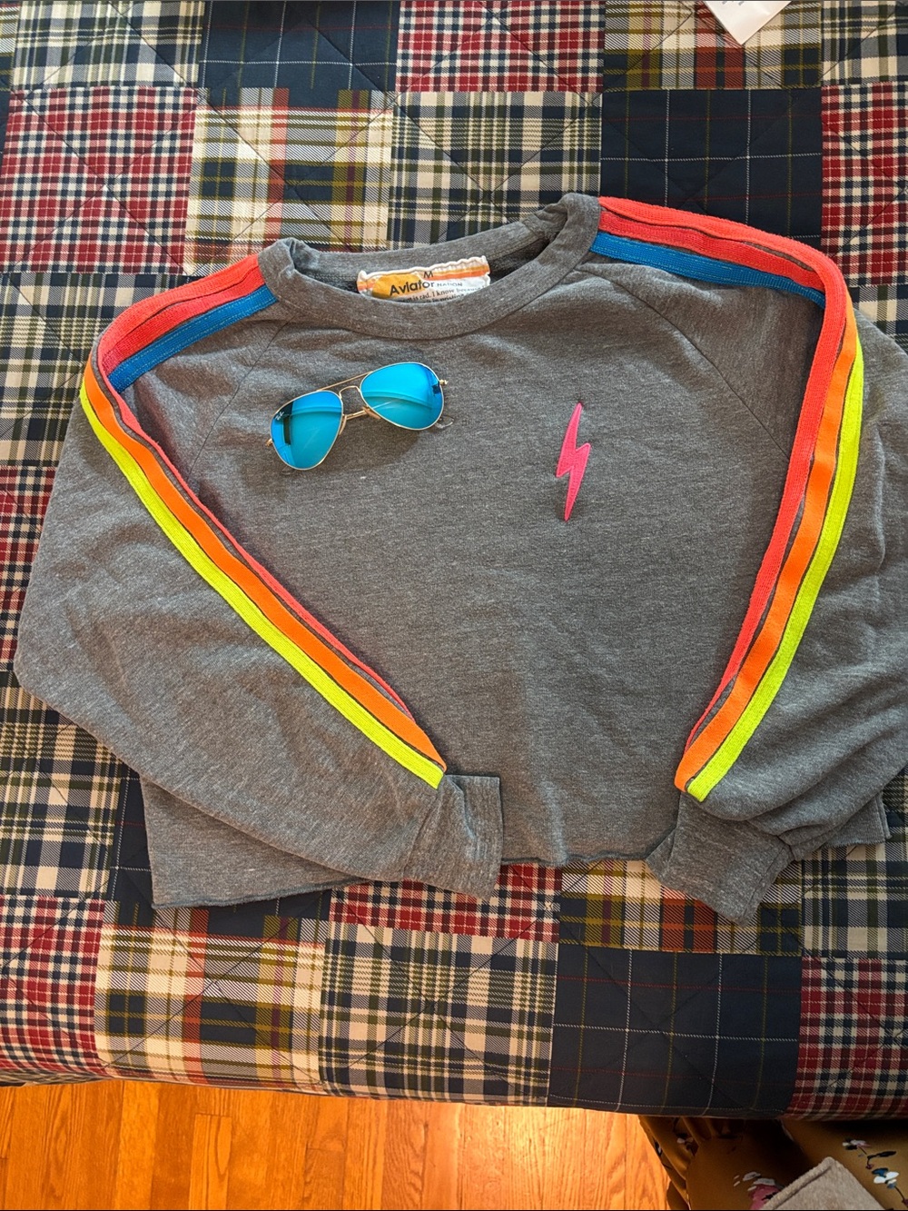 Aviator Nation Gray Pullover with Neon Stripe Sleeves and Pink Bolt
